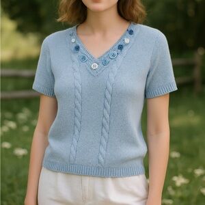 Tulchan Womens XL Light Blue Sweater Floral Embroidered Short Sleeve Cottagecore